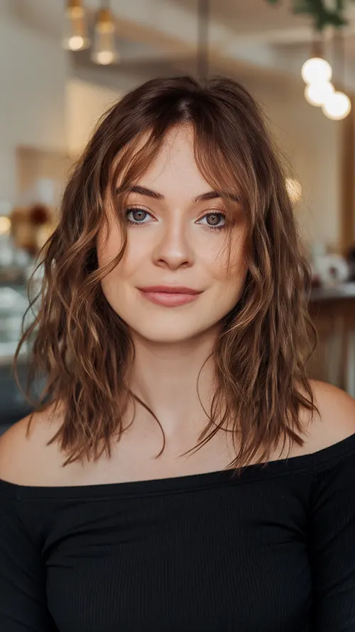 Estilo de Cabelo Fara Face Arredondada: Corte Shaggy em Camadas com Franja Dividida Estilo de Cabelo Fara Face Arredondada: Corte Shaggy em Camadas com Franja Dividida