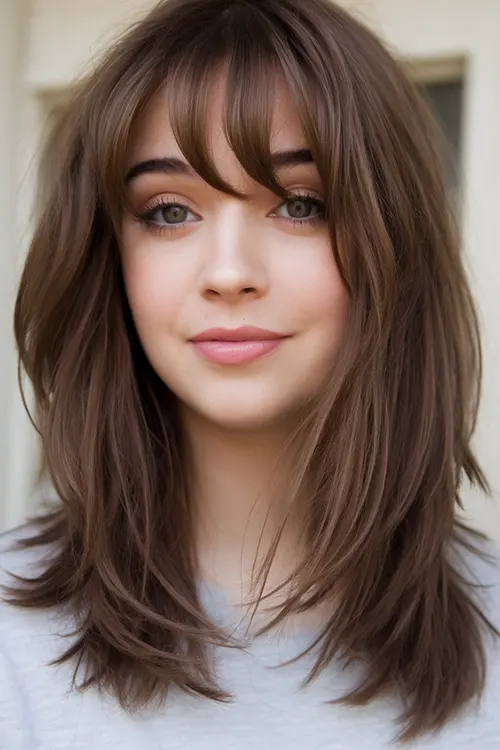 Corte de Cabelo Para Rosto Redondo: Corte Longo em Camadas com Franja Cheia Corte de Cabelo Para Rosto Redondo: Corte Longo em Camadas com Franja Cheia