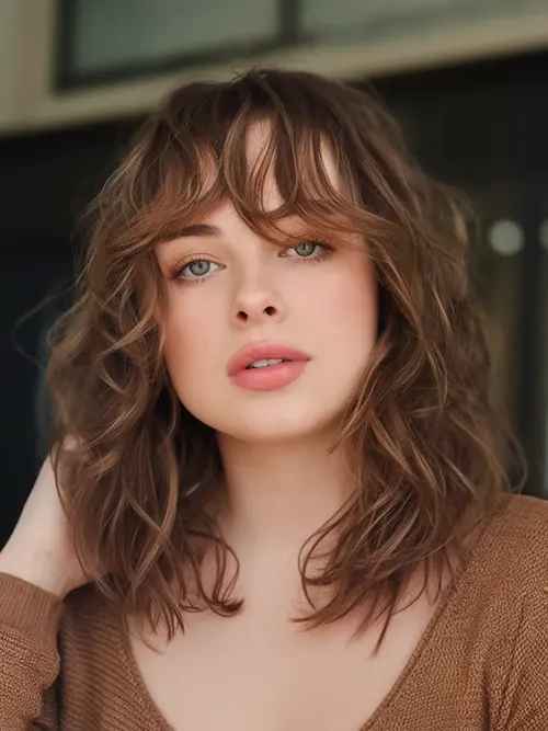 Estilo de Cabelo Fara Face Arredondada: Long Bob Shaggy com Franja Ondulada Estilo de Cabelo Fara Face Arredondada: Long Bob Shaggy com Franja Ondulada